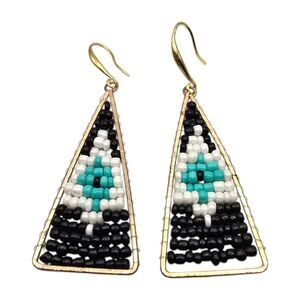 Evil Eye Pattern Earrings Pierced Black White Teal Green Elongated Triangle
